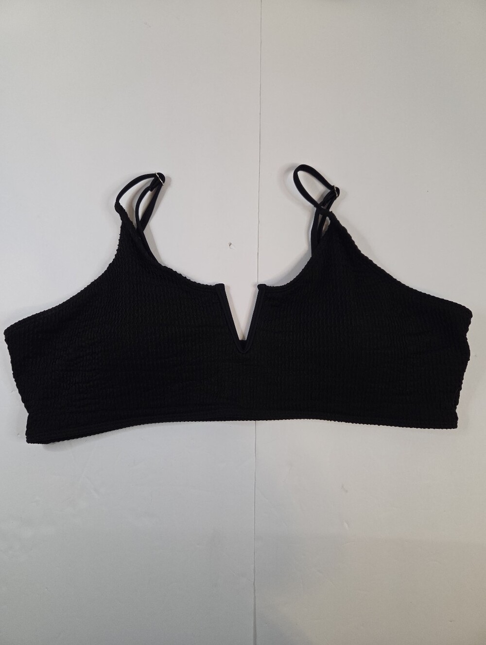 SHEIN Curve Black Crinkle Ribbed Structured V-Wire Swim Bikini Top 2X
